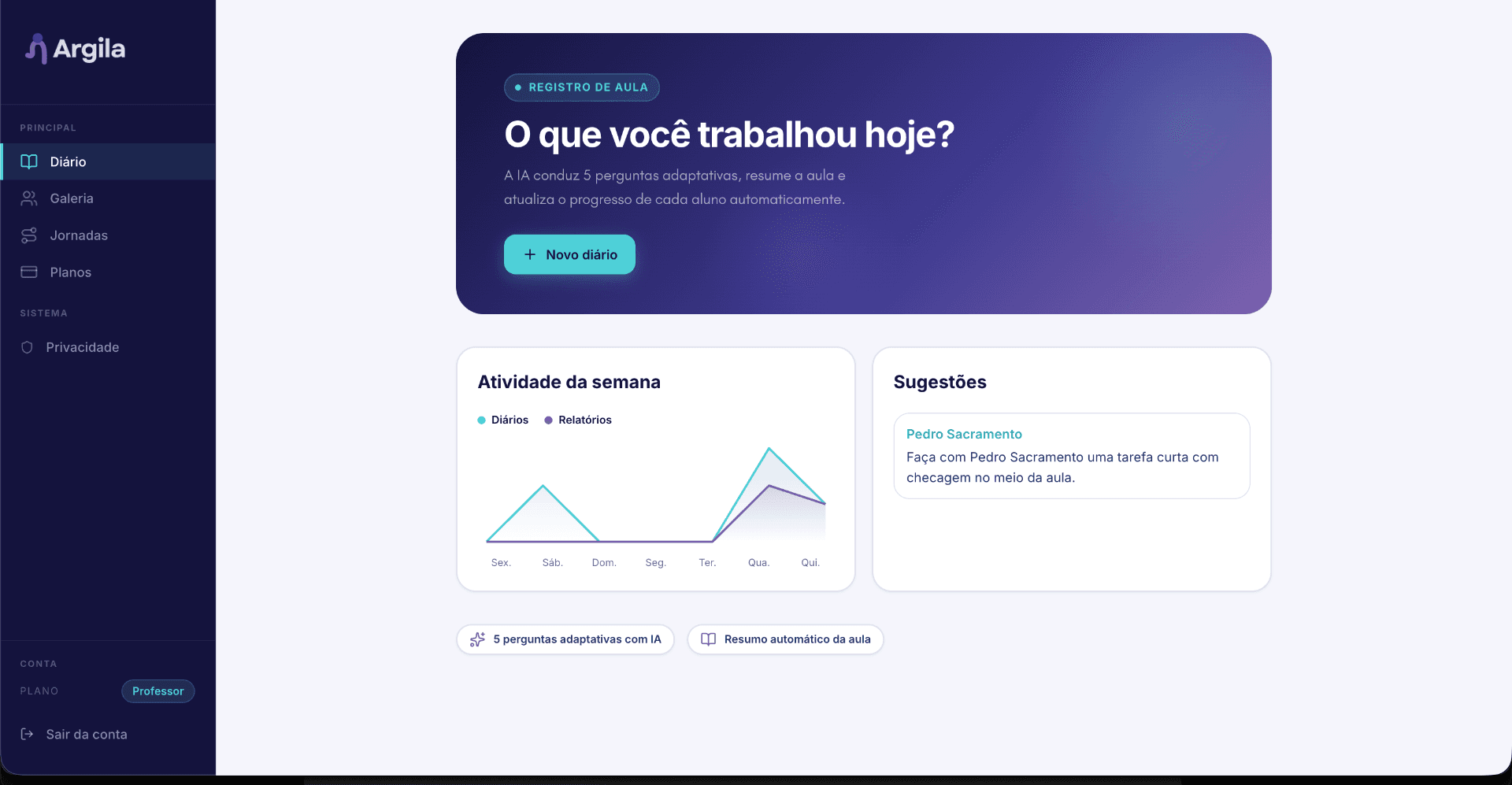 Dashboard do Argila mostrando progresso dos alunos