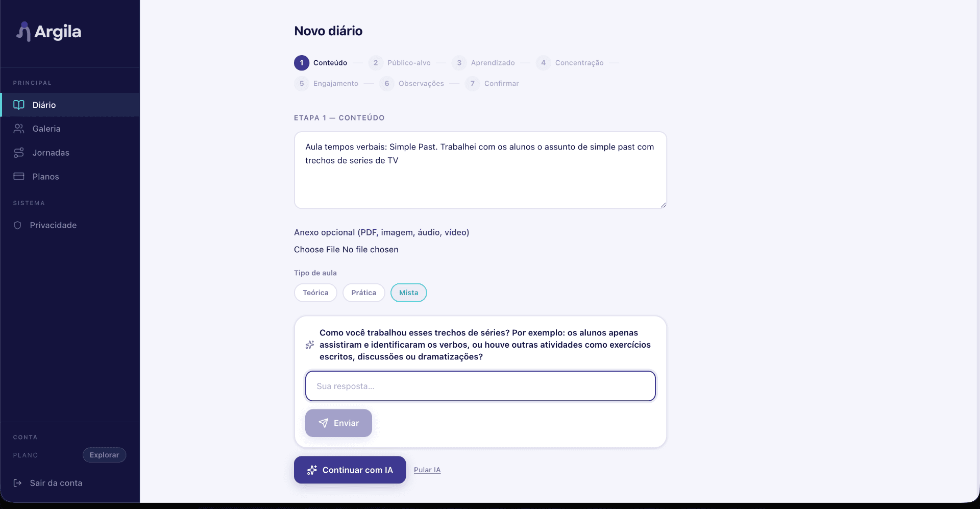 Registre a aula em conversa, não em formulário
