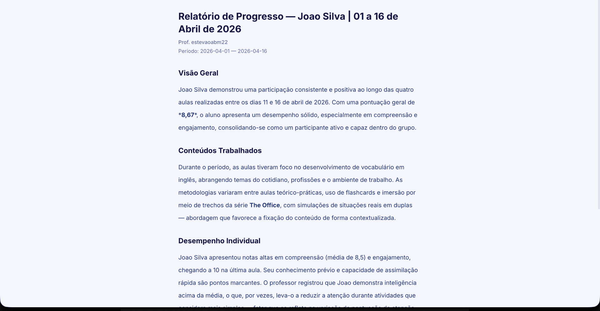 Um link público para pais e responsáveis